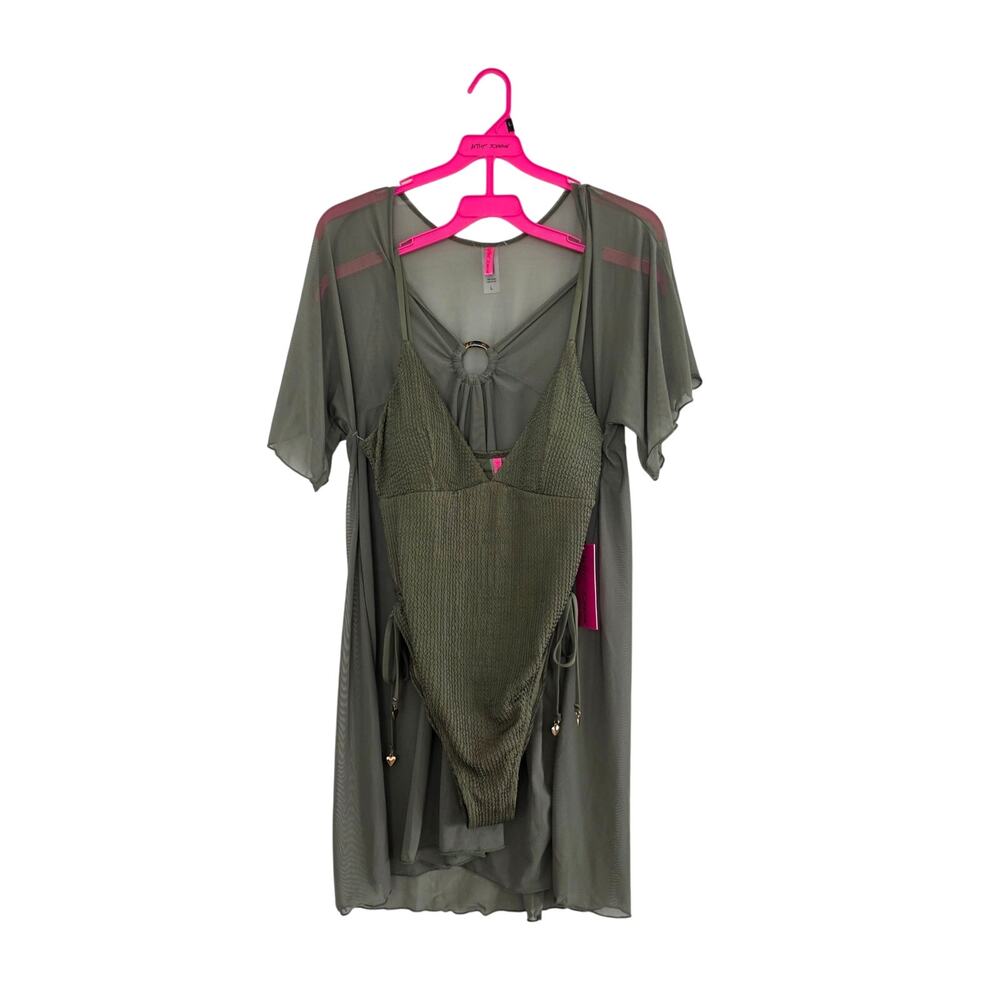 Betsey Johnson Swim Set Green One Piece Swimsuit Matching Kimono Cover Up Large